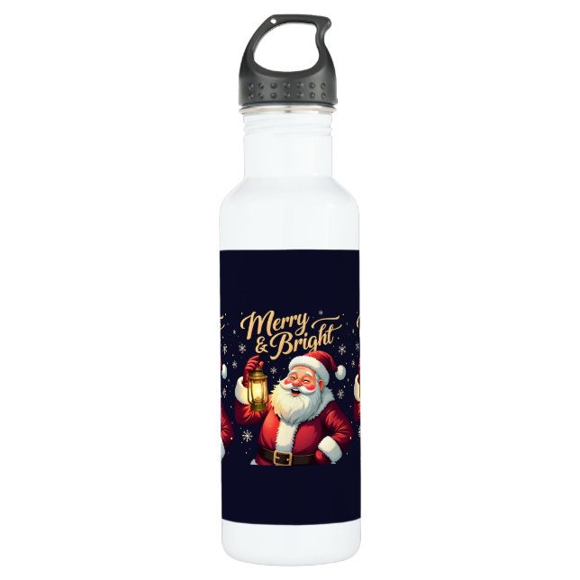 Merry Bright Santa Holding Lantern Illustration 710 Ml Water Bottle (Front)