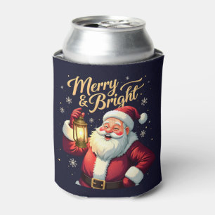 Merry Bright Santa Holding Lantern Illustration Can Cooler