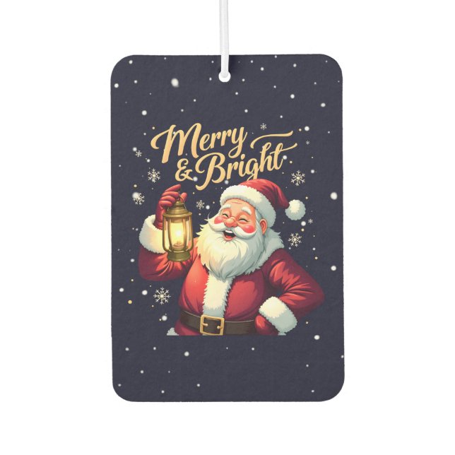 Merry Bright Santa Holding Lantern Illustration Car Air Freshener (Front)