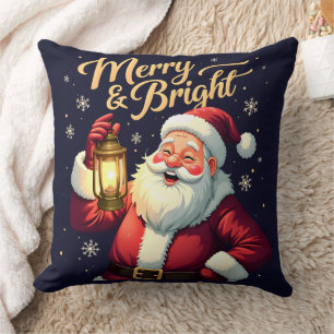 Merry Bright Santa Holding Lantern Illustration Cushion
