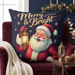 Merry Bright Santa Holding Lantern Illustration Cushion