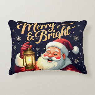 Merry Bright Santa Holding Lantern Illustration Decorative Cushion