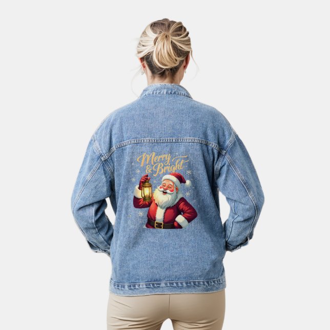 Merry Bright Santa Holding Lantern Illustration Denim Jacket (Model)