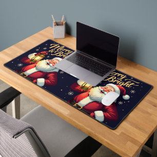 Merry Bright Santa Holding Lantern Illustration Desk Mat