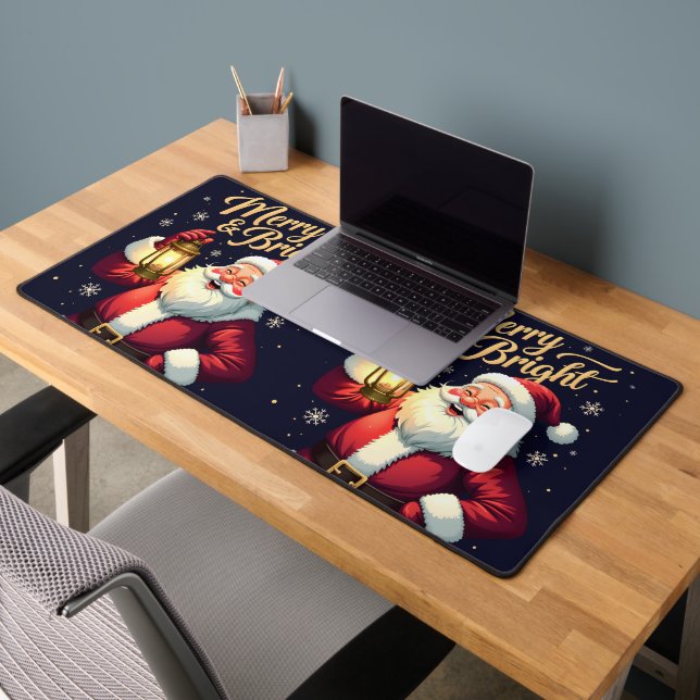 Merry Bright Santa Holding Lantern Illustration Desk Mat (Office 2)