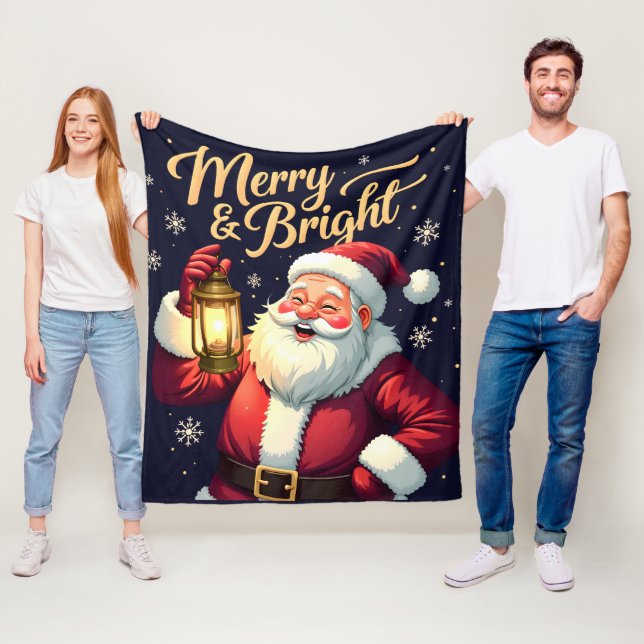 Merry Bright Santa Holding Lantern Illustration Fleece Blanket (In Situ)