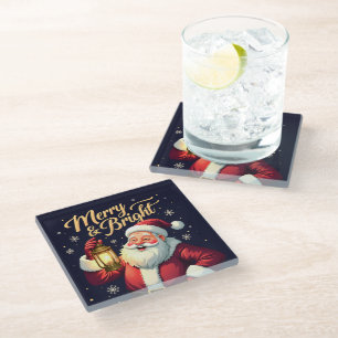 Merry Bright Santa Holding Lantern Illustration Glass Coaster