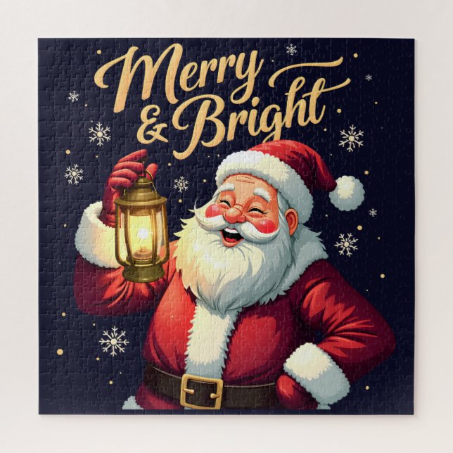 Merry Bright Santa Holding Lantern Illustration Jigsaw Puzzle (Vertical)