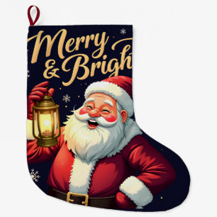 Merry Bright Santa Holding Lantern Illustration Large Christmas Stocking