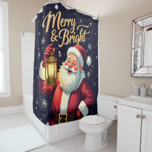 Merry Bright Santa Holding Lantern Illustration Shower Curtain