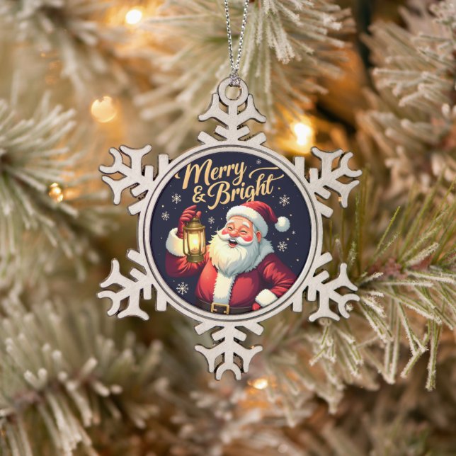 Merry Bright Santa Holding Lantern Illustration Snowflake Pewter Christmas Ornament (Tree)