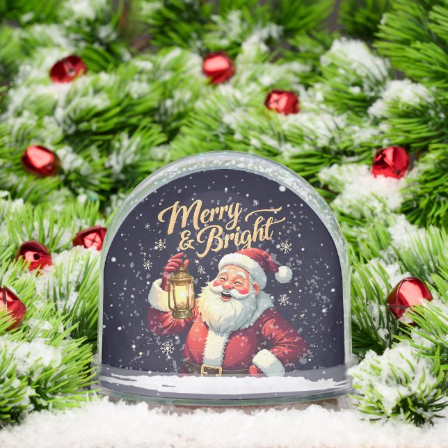 Merry Bright Santa Holding Lantern Illustration Snowglobe (Christmas)