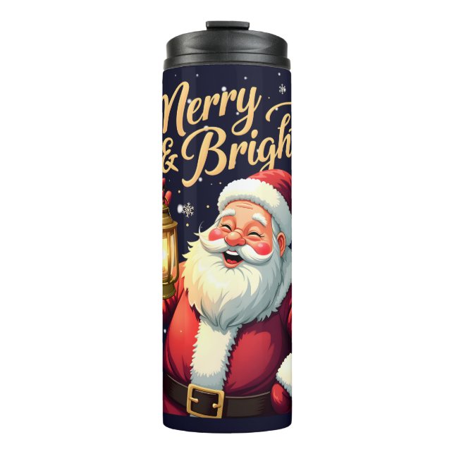 Merry Bright Santa Holding Lantern Illustration Thermal Tumbler (Front)