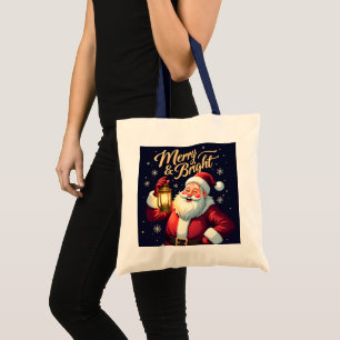 Merry Bright Santa Holding Lantern Illustration Tote Bag