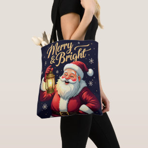 Merry Bright Santa Holding Lantern Illustration Tote Bag