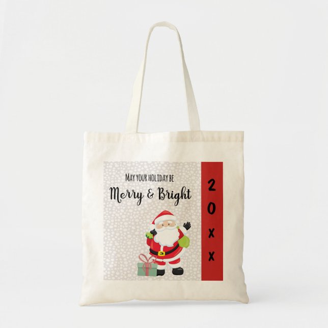 Merry & Bright Santa with Year Tote Bag (Front)