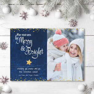 Merry Bright Script Photo Blue Gold Star Glitter Holiday Card