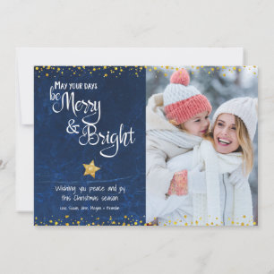 Merry Bright Script Photo Blue Gold Star Glitter  Holiday Card