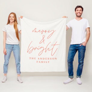 Merry & Bright script text red and white Christmas Fleece Blanket