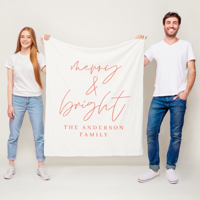 Merry & Bright script text red and white Christmas Fleece Blanket (In Situ)