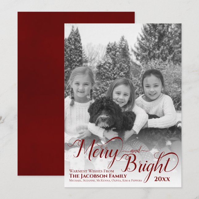 Merry & Bright Simple Black & White Photo Burgundy Holiday Card (Front/Back)