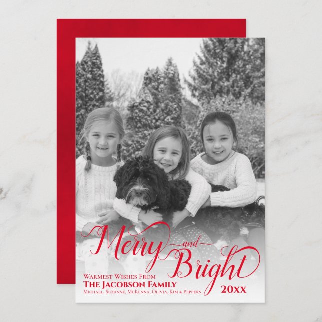 Merry & Bright Simple Black & White Photo Red Holiday Card (Front/Back)
