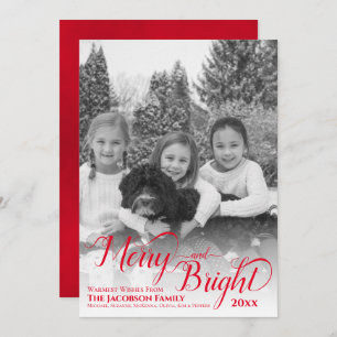 Merry & Bright Simple Black & White Photo Red Holiday Card