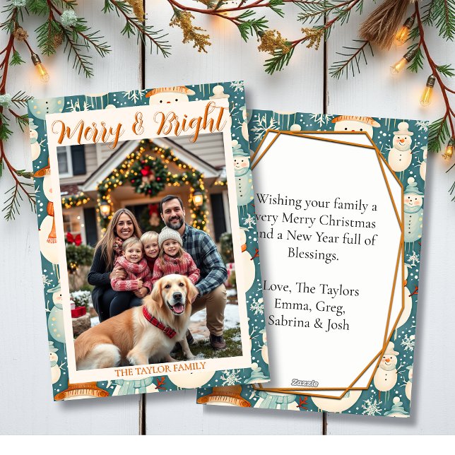 Merry & Bright | Snowman & Family Photo Christmas Holiday Card (Creator Uploaded)