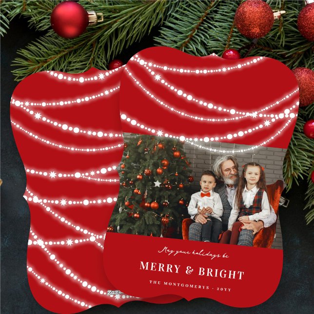 Merry & Bright Sparkles Chic Red Christmas Photo Holiday Card (Merry & Bright Stylish Sparkling Lights Modern Chic Red Christmas Photo Holiday Card @ fat_fa_tin)