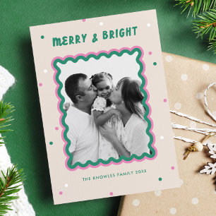 Merry & Bright Squiggle Frame Pink + Green  Holiday Card