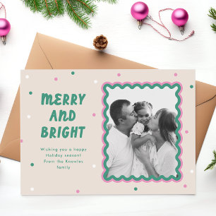 Merry & Bright Squiggle Frame Pink + Green  Holiday Card