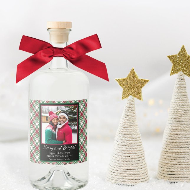 Merry & Bright Tartan or Plaid Holiday Photo Liquor Bottle Label (In Situ with Bow)