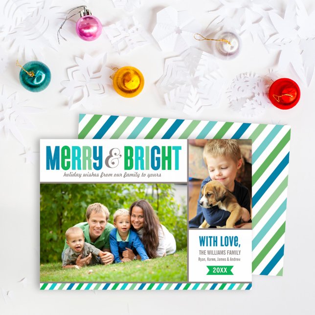 Merry & Bright Teal Green Stripe Photo Collage Holiday Card (Creator Uploaded)