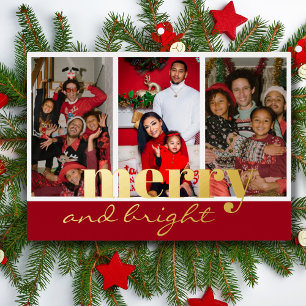 Merry Bright Three Photo Red and  gold Foil Holiday Card