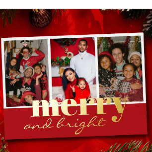 Merry & Bright Three Photo Red and  gold Foil Holiday Card