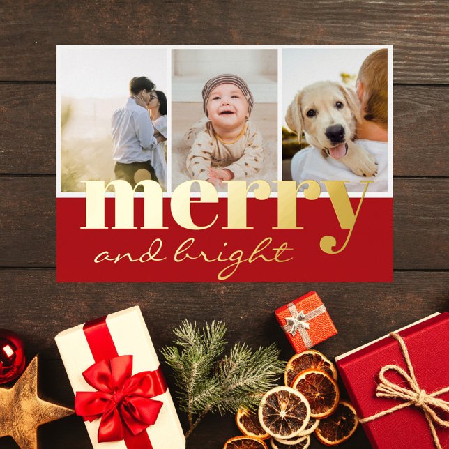 Merry Bright Three Photo Red White Christmas Foil Holiday Card (merry and bright elegant modern script wine red real gold foil 3 photo collage christmas card)