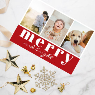 Merry Bright Three Photo Red White Christmas Holiday Card