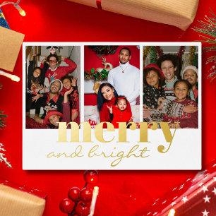 Merry Bright Three Photo White and  gold Foil Holiday Card
