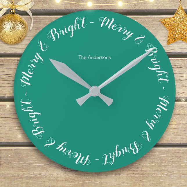 Merry & Bright Turquoise Simple Festive Christmas Round Clock (A modern, personalized wall clock in turquoise, with 'Merry and Bright' in script around the edge)