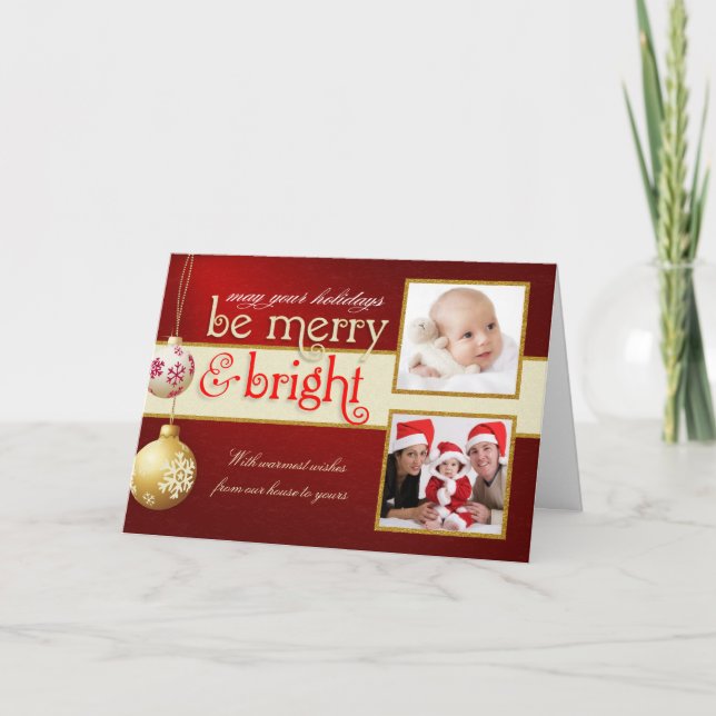 Merry & Bright Two-Photo Holiday Greeting Card (Front)