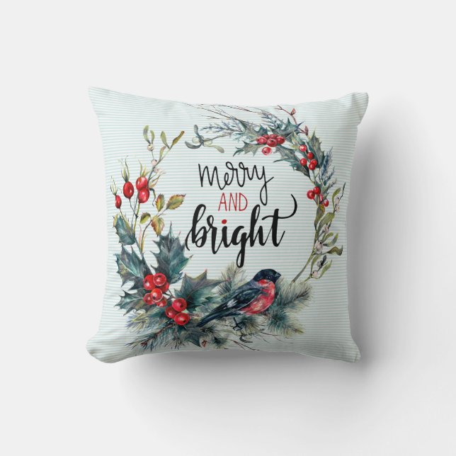 Merry & bright typography Christmas Holly Breath Cushion (Front)