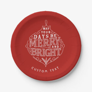 Merry & Bright typography Christmas ornament Paper Plate