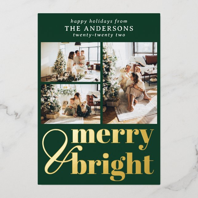 Merry & Bright Typography Christmas Timber Green Foil Holiday Card (Front)