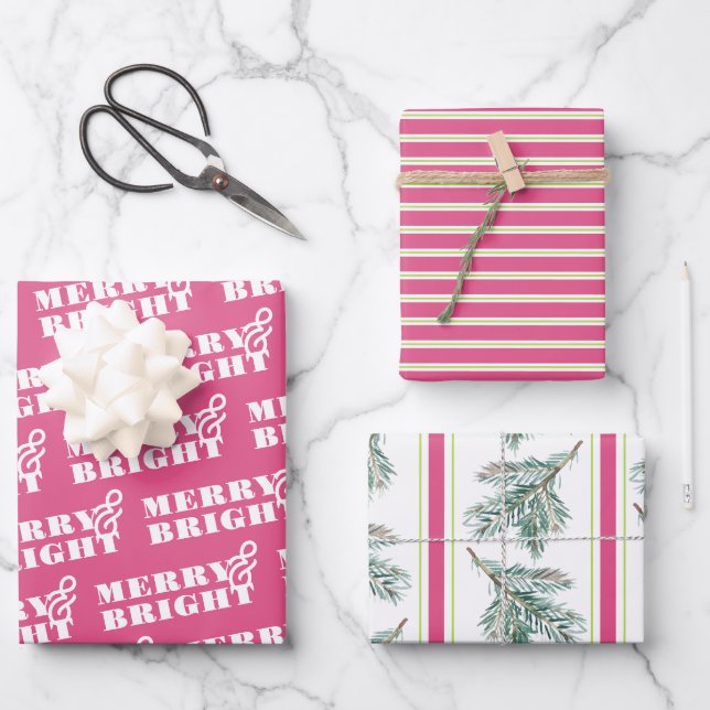 Merry & Bright Typography Christmas  Wrapping Paper Sheet (Front)
