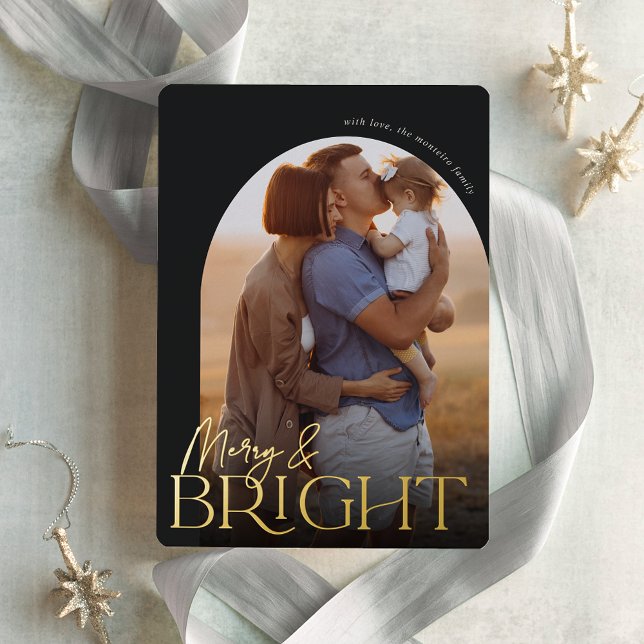 Merry & Bright Vertical Photo Arch Foil Holiday Card (Creator Uploaded)