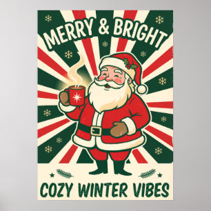 Merry & Bright Vintage Santa Christmas Poster. Poster