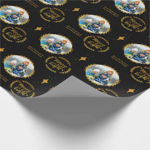 Merry & Bright w. Custom Photo - Gold and Black Wrapping Paper
