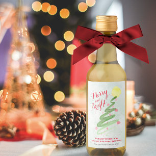 Merry & Bright Watercolor Christmas Tree Mini Wine Label