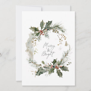 Merry & Bright Watercolor Wreath Festive Greeting Holiday Card