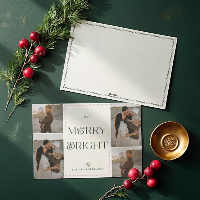Merry & Bright Wavy Modern Minimal 4 Photo Collage Holiday Card (Merry & Bright Wavy Modern Minimal 4 Photo Collage Holiday Card)